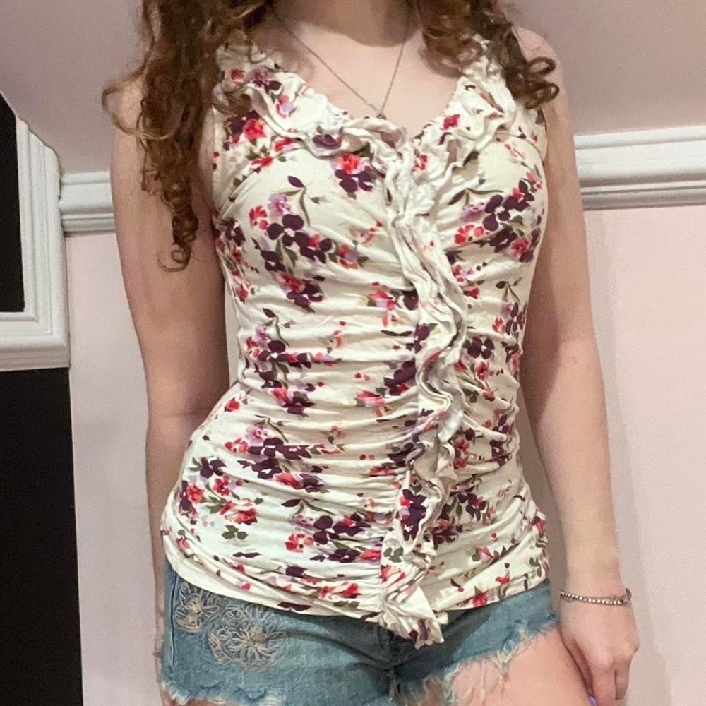 🧁y2k express white floral print ruched ruffle tank xs